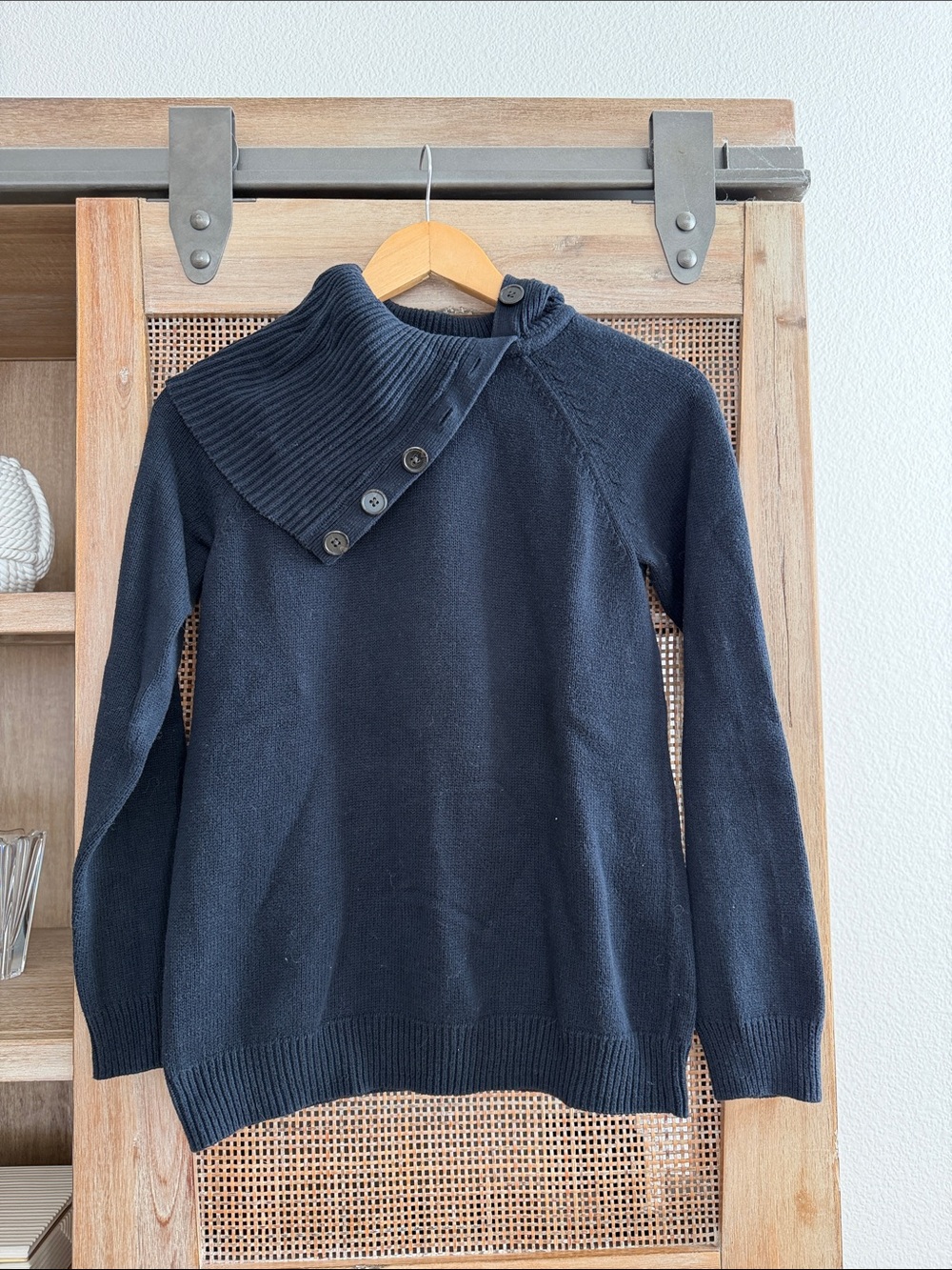 GAP Navy Asymmetrical Button Cowl Neck Sweater